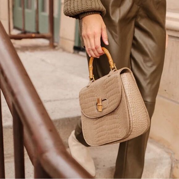 Fawn Design The Bamboo Shoulder Bag in Latte Faux Croc Purse Limited Edition NEW - Picture 5 of 16